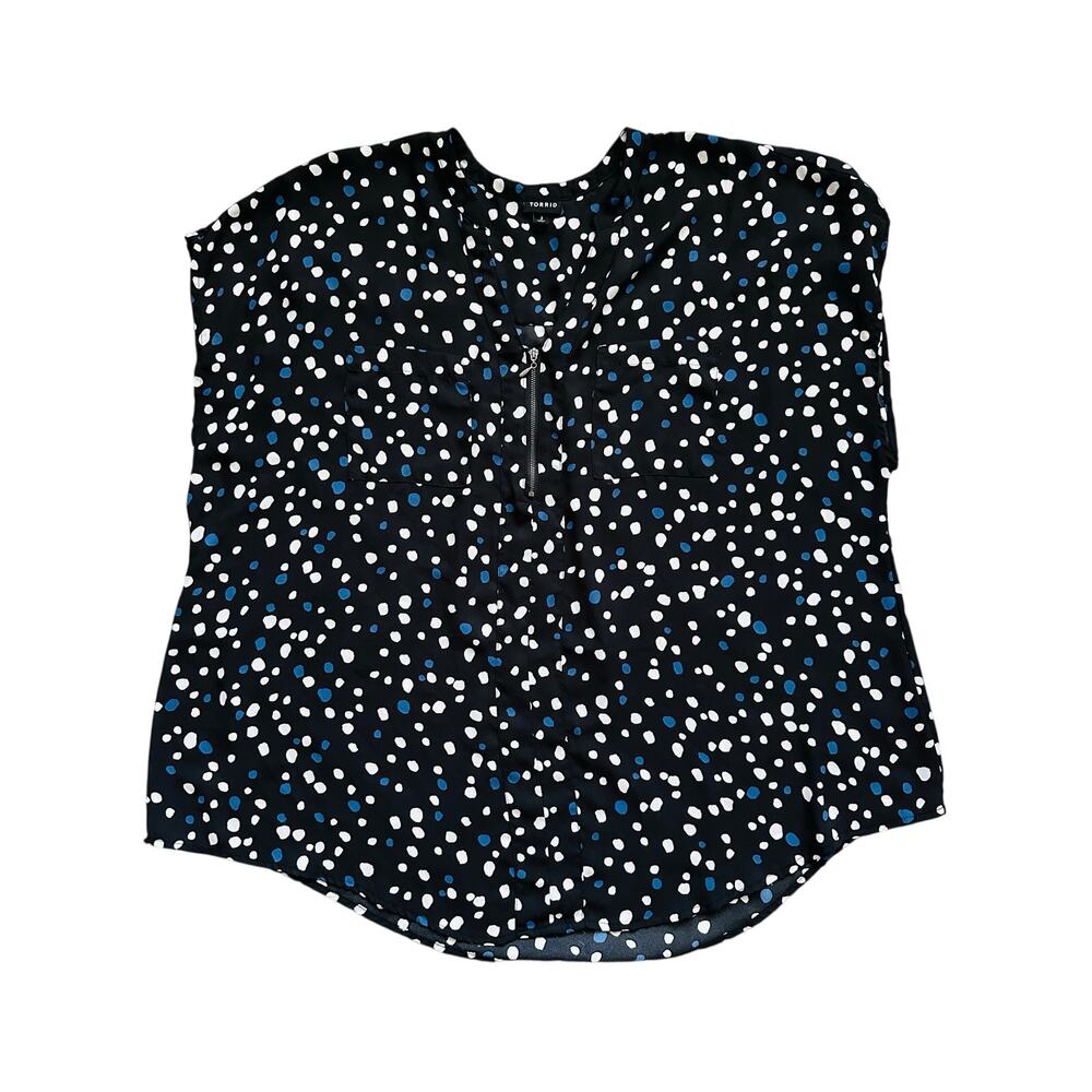 Workwear Torrid Zip Front Polka Dot Blouse 3 3X‎ Black Blue White Georgette Top